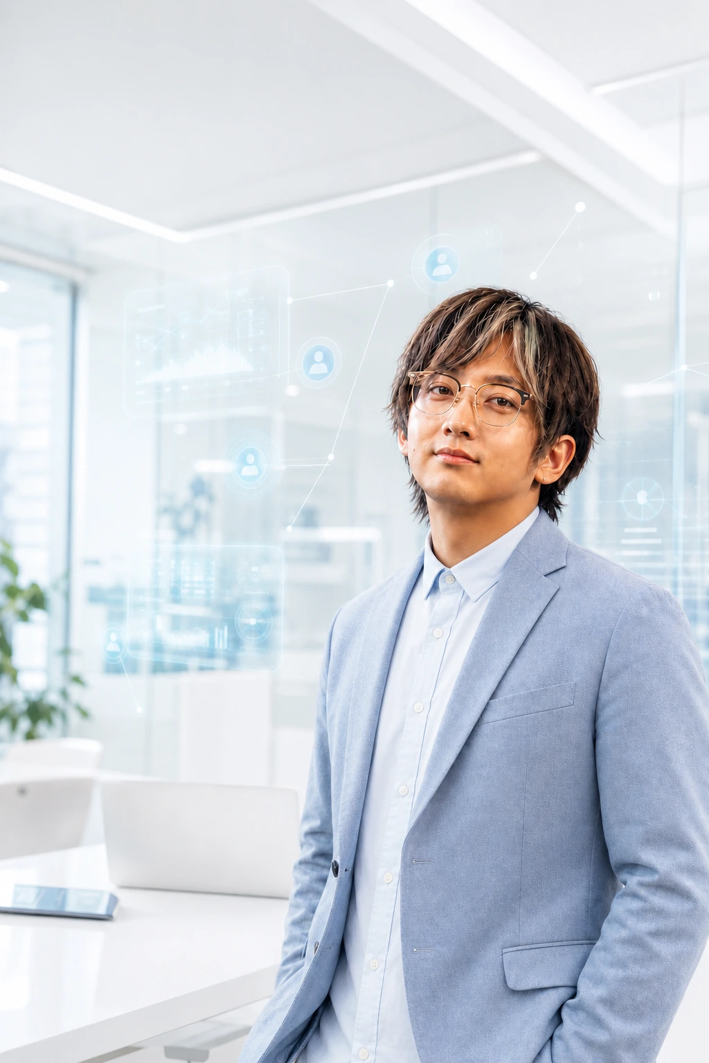 明るいAIオフィスでAI社員の組織を率いる講師SUYA（兼子慧介）