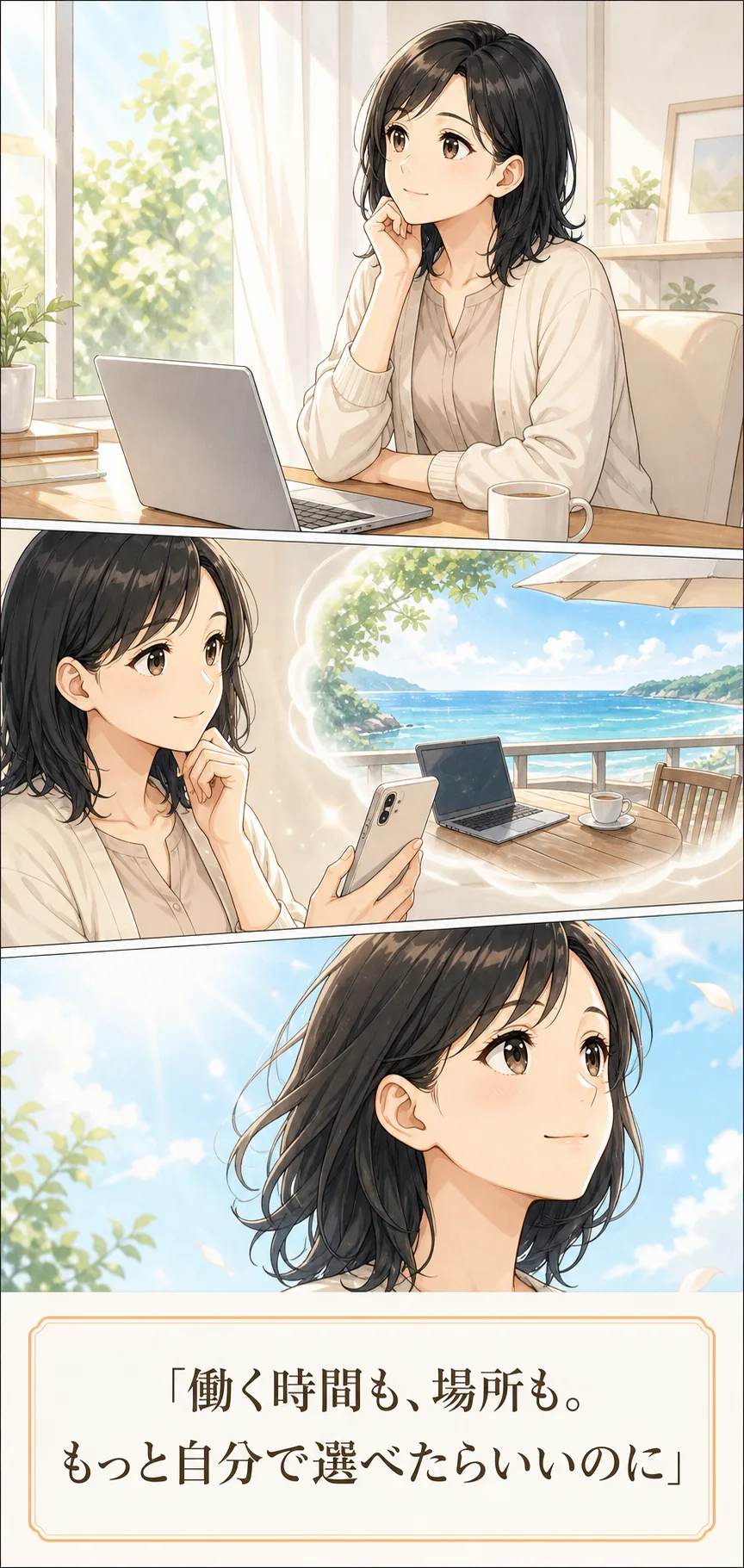 朝の窓辺で、働く時間と場所をもっと自由に選びたいと考える美咲