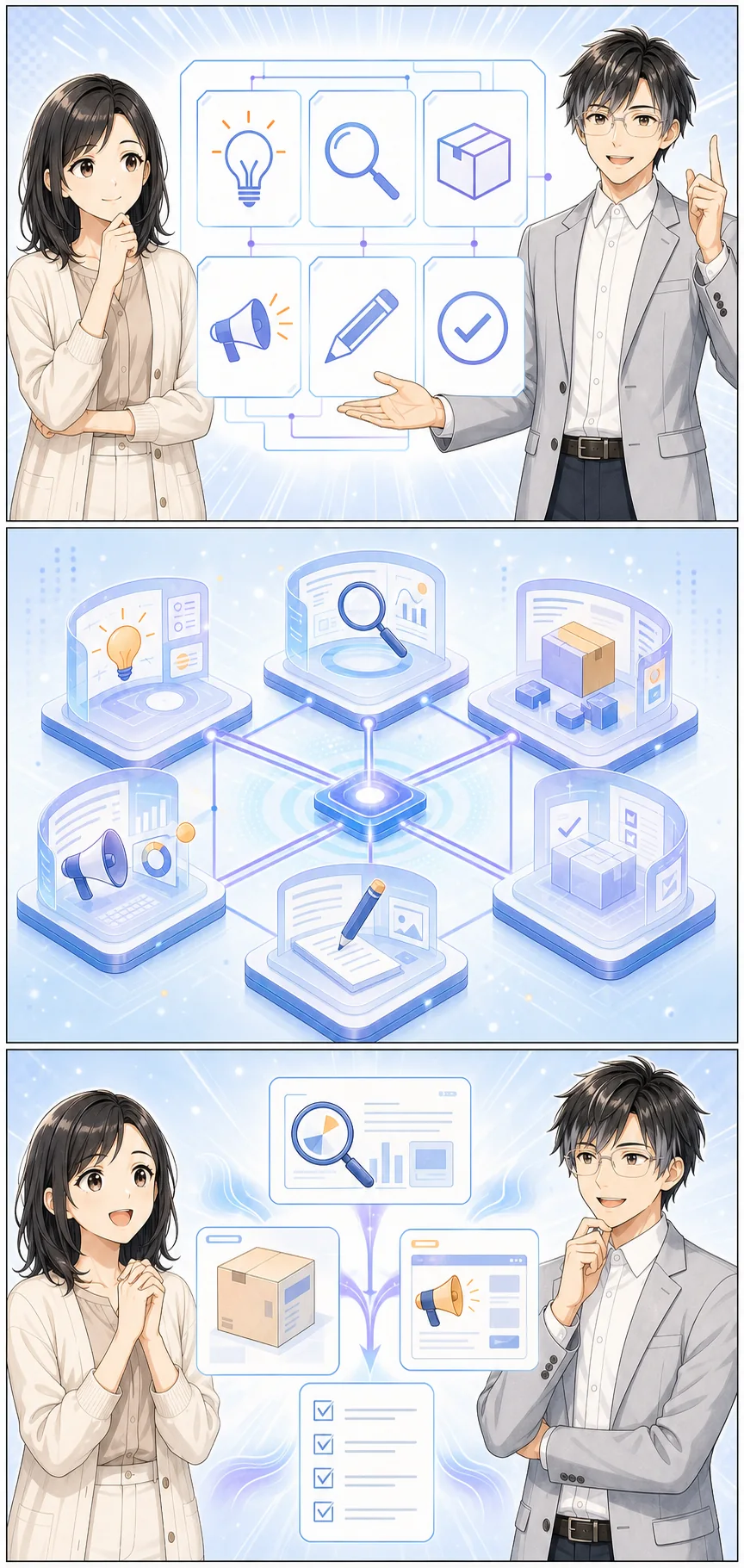 一つの事業を六つの役割に分け、AI組織へ仕事を渡す様子