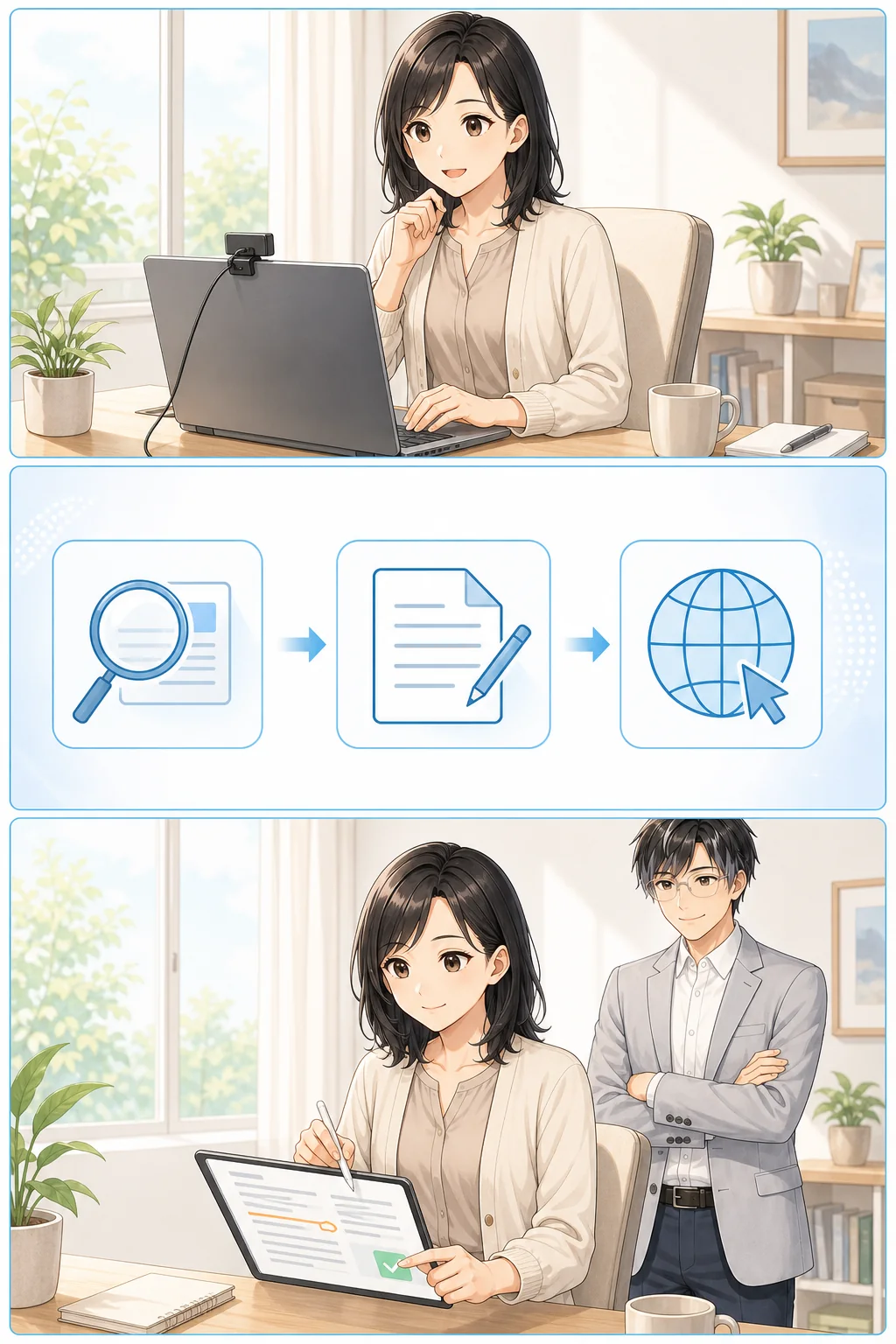 美咲が日本語で指示し、AIの仕事を確認して承認する様子